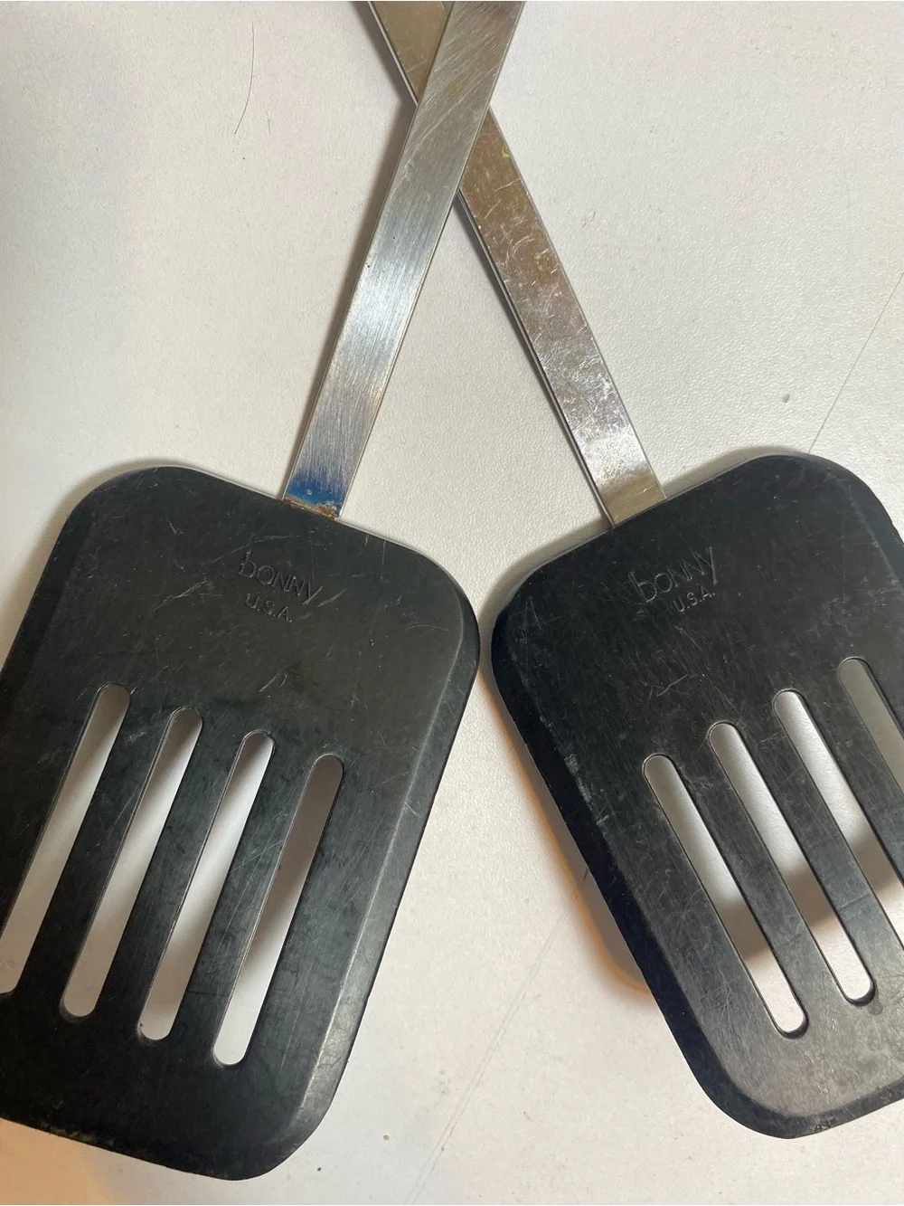 VTG Bonny USA Slotted Turner Spatulas Set of 2 Black Heads White Plastic Handles